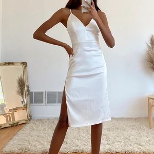 Lulus White Embroidered Lace Satin Dress (Medium)